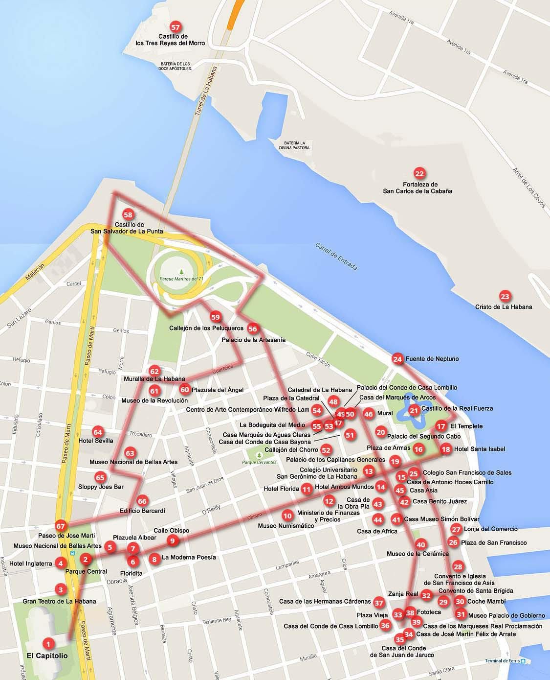 mapa Havany pěší výlet