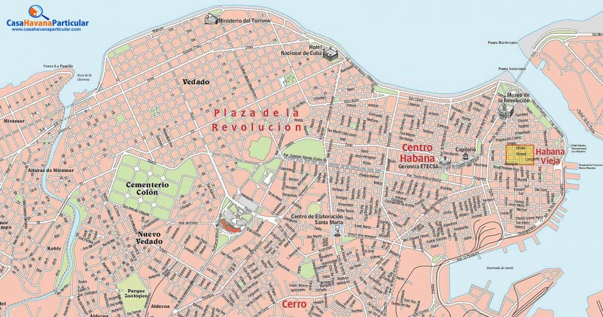 město ulice mapa Havany na Kubě